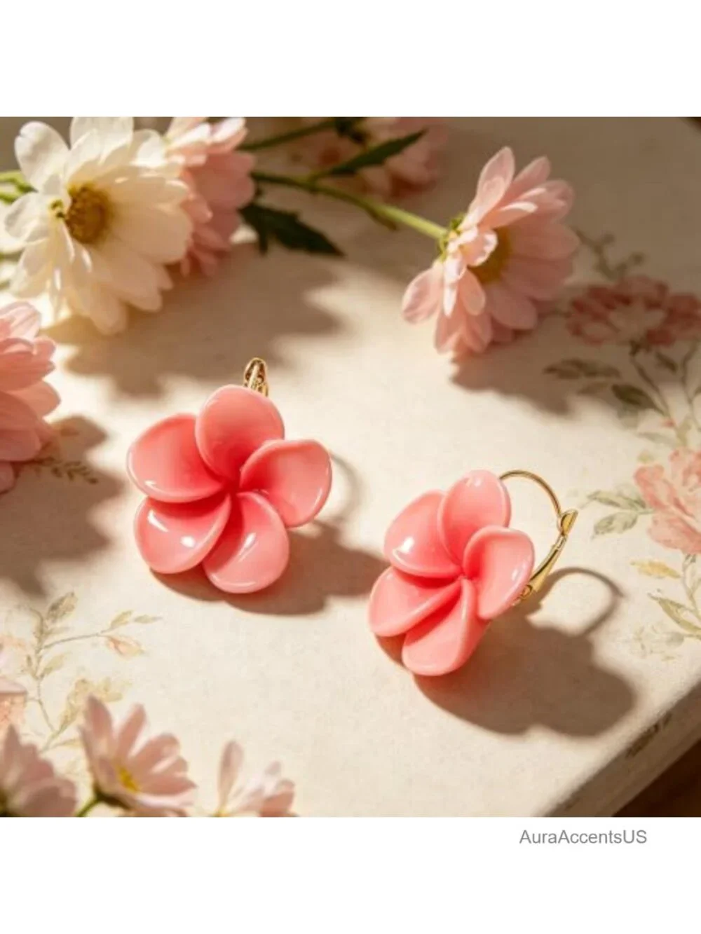 Gold Plated Resin Plumeria Leverback Flower Earrings Tropical Floral Statement